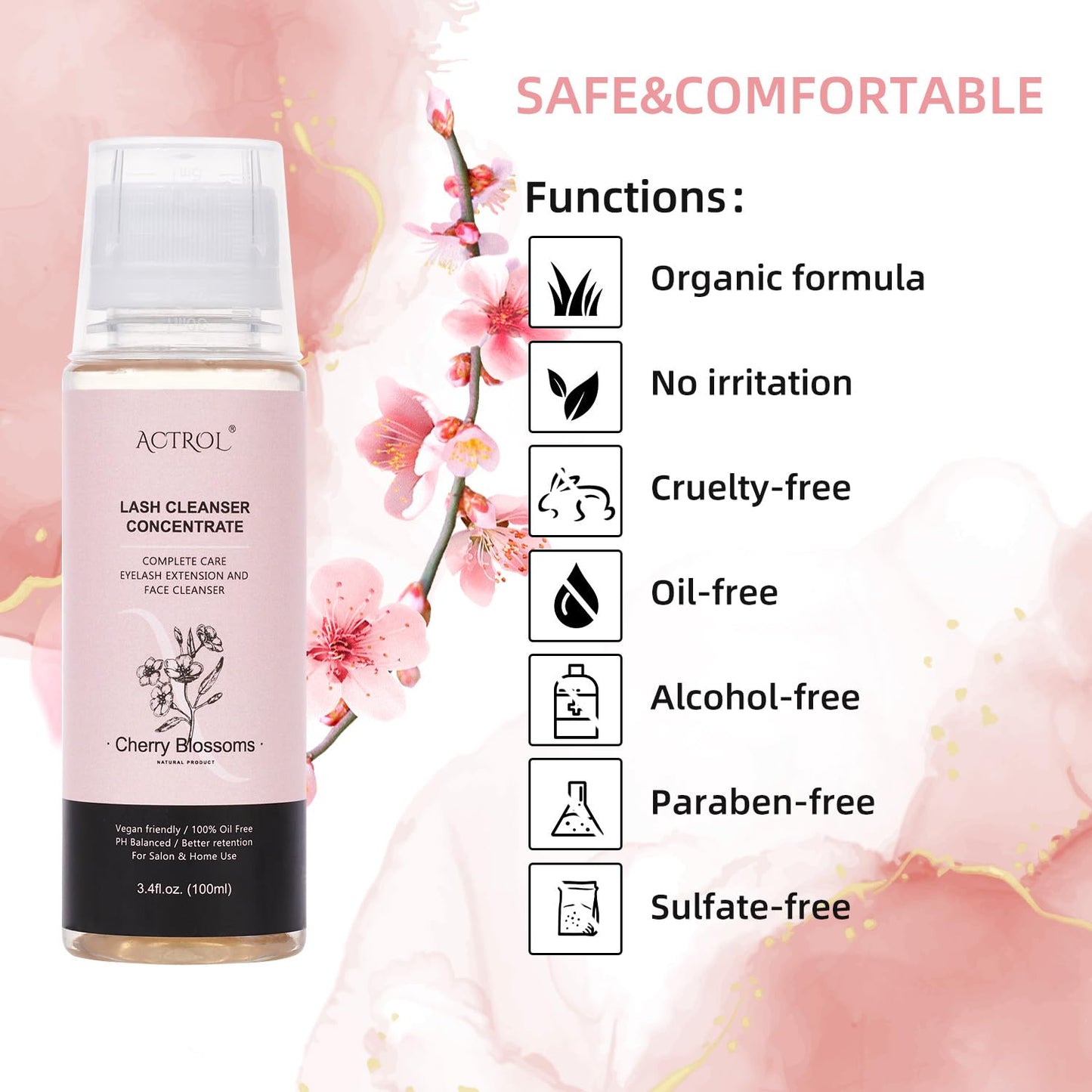 Eyelash Shampoo Concentrate 100ml Lash Extensions Cleanser Concentrate Cherry Blossom Natural Foaming Shampoo DIY Wash for Extensions Lashes with Salon Home Care-Makes 60ml Bottles