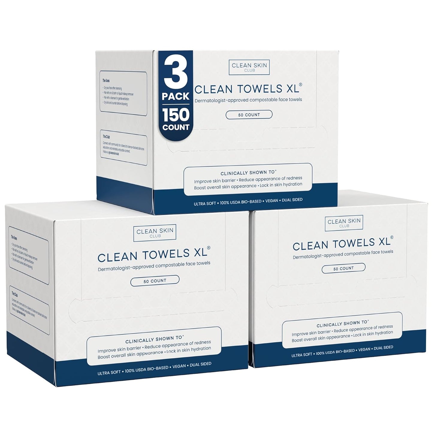 Clean Skin Club Clean Towels XL®, 100% USDA Biobased Face Towel, Disposable Face Towelette, Eczema Association Accepted, Makeup Remover Dry Wipes, Ultra Soft, 50 ct per pack, 3 Packs, 150 Ct Total