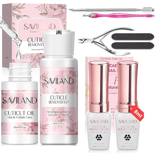 SAVILAND Cuticle Remover and Cuticle Oil Kit with Clear Pink Gel Builder for Nail Thickening