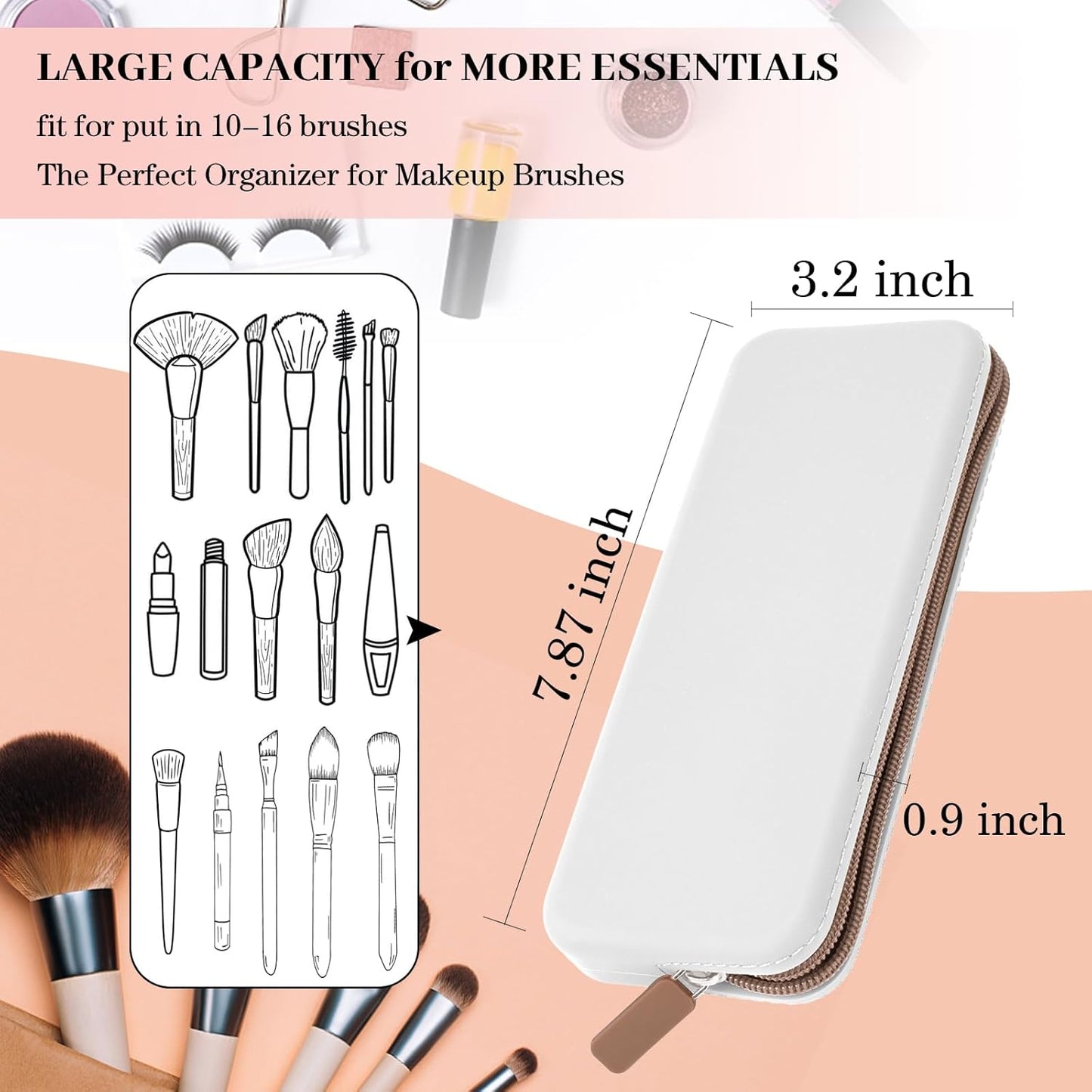 Sakolla Travel Makeup Brush Holder, Silicone Makeup Brush Bag with Zipper Closure, Makeup Brushes Organizer Case Washable Makeup Pouch Holder Case for Daily, Work, Essentials (White)