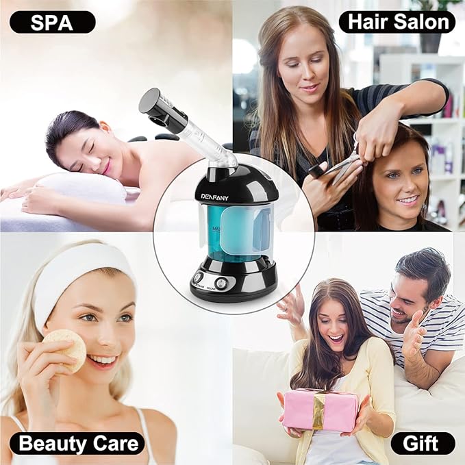 Facial Steamer - DENFANY Nano Ionic Face Steamer with Extendable 360° Rotating Arm - Portable Facial Steamer for Personal Care at Home or Salo (Black)