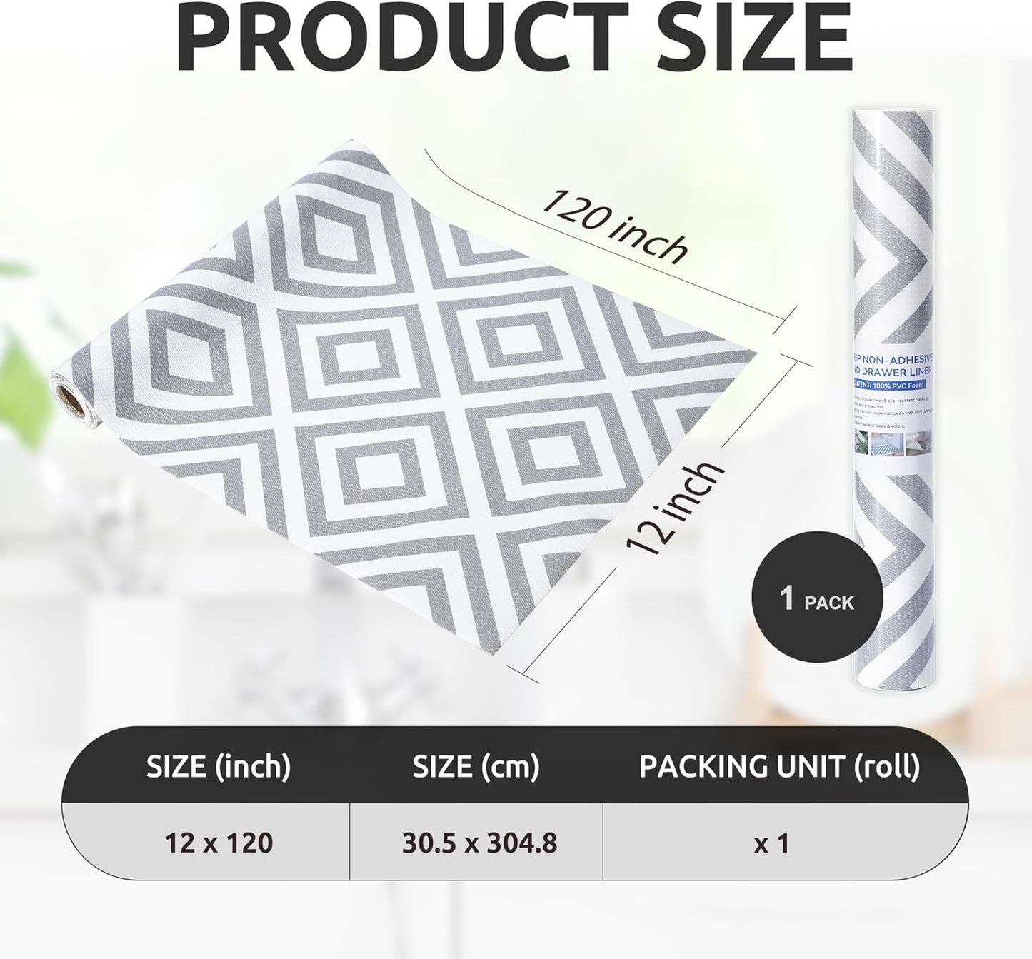 RAY STAR 12X120 Inch Shelf Liner for Kitchen Cabinets, Non-Adhesive Cabinet Liner Washable, PVC Drawer Liner for Dresser Non-Slip Bathroom (Modern Grey)(1 Roll)