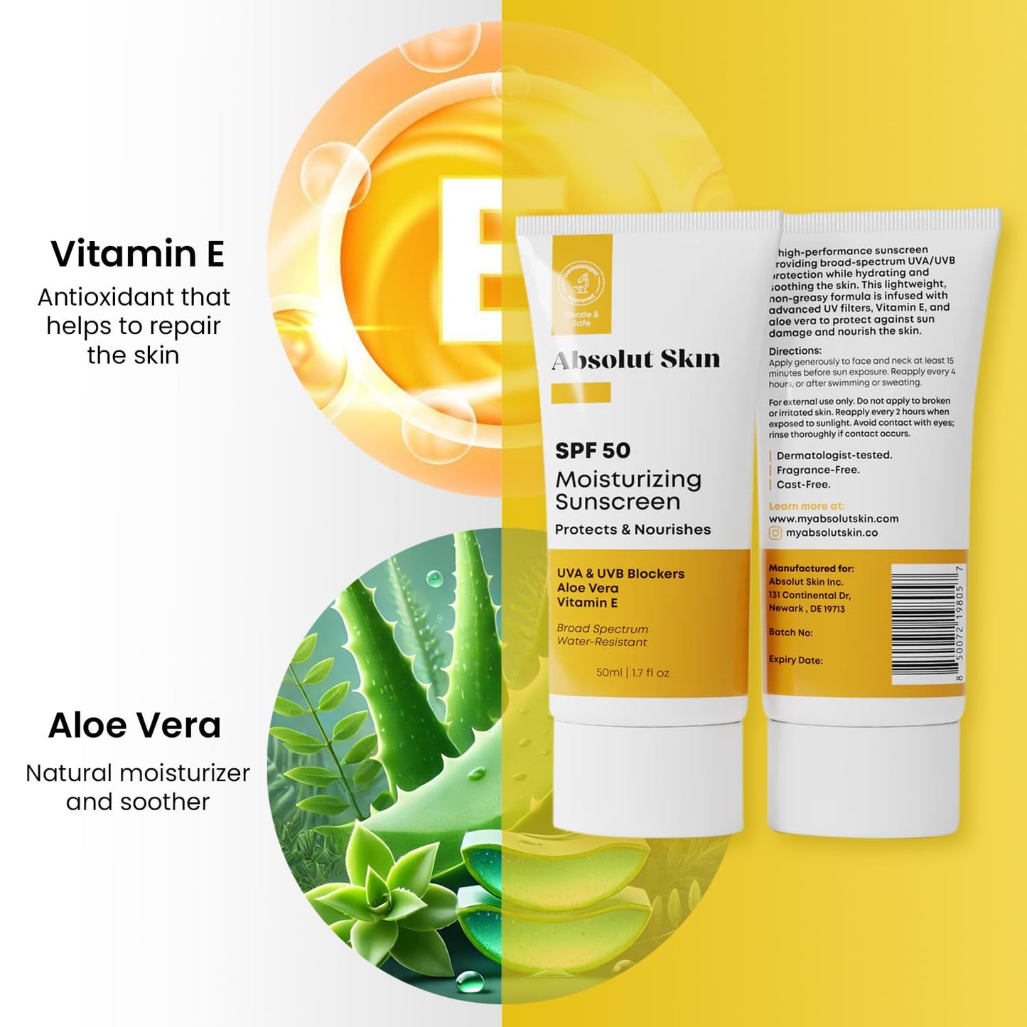 AbsolutSkin SPF 50 Moisturizing Sunscreen – Lightweight Daily Face Sunscreen with Aloe & Vitamin E – No White Cast – 60ml