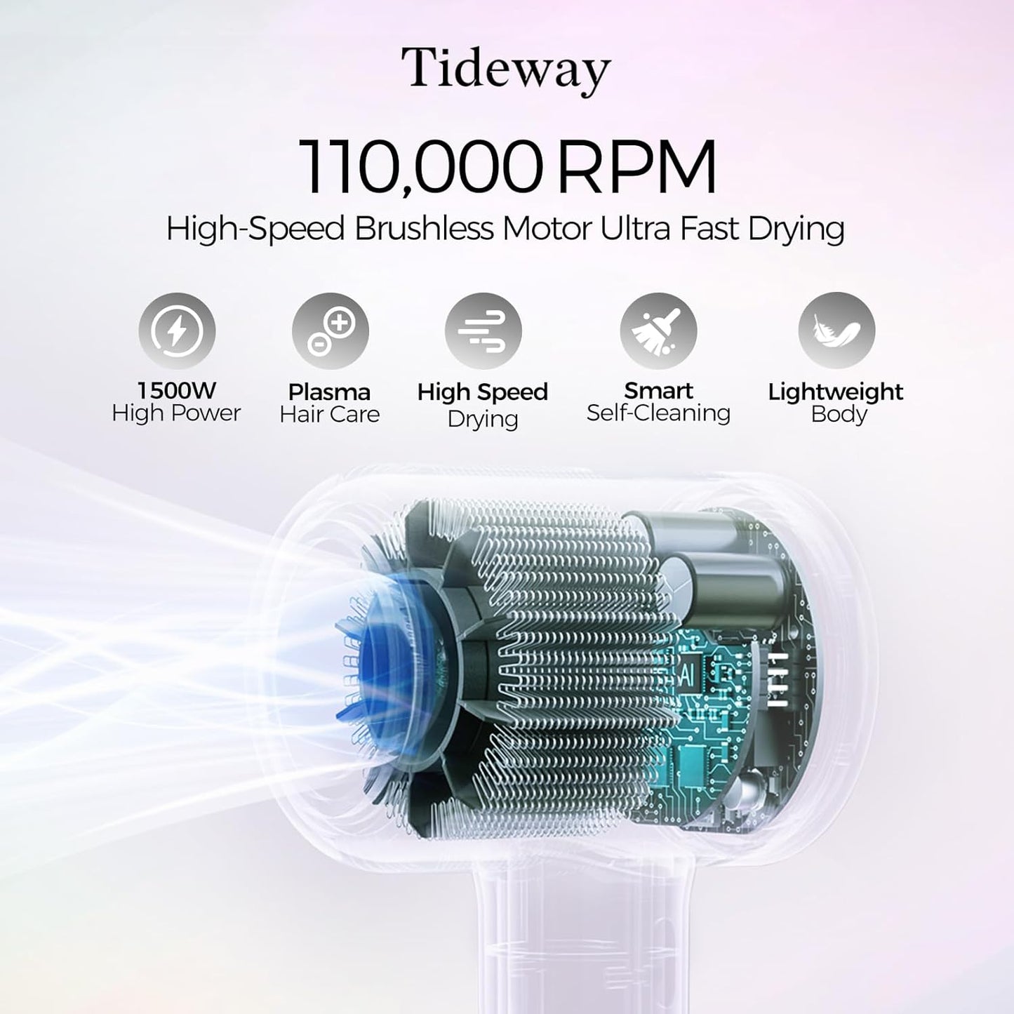 Tideway Hair Dryer, Blow Dryer with Diffuser High-Speed Plasma Ionic Low Noise for Fast Drying, Travel Hair Dryer for Women and Man, Curly/Wavy & Long/Thick Color-Treated Hair H11