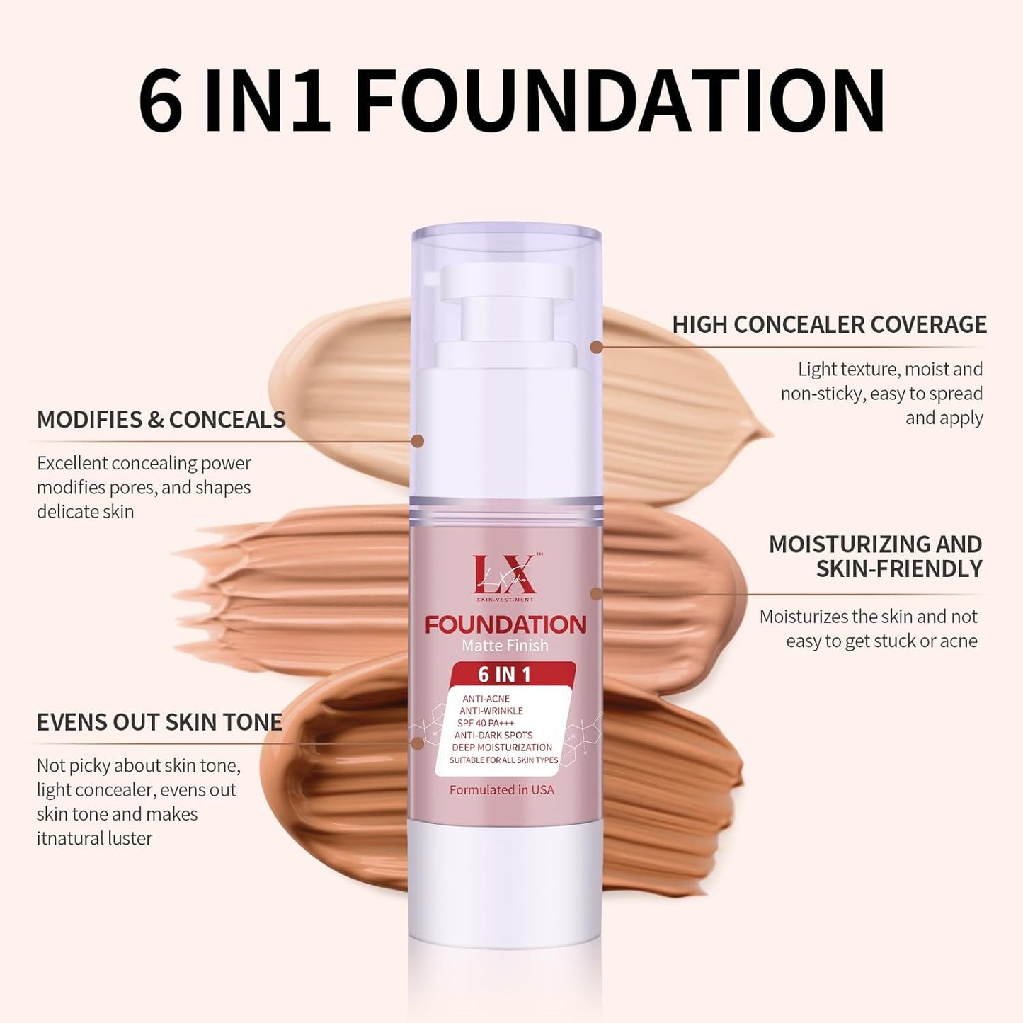 6-in-1 Makeup Infused with 1% Hyaluronic Acid- Matte + Poreless Liquid Foundation For A Glowing & Soft-Focus Look, Suitable for All Skin Types (101 Light, 6-in-1 Makeup Foundation)