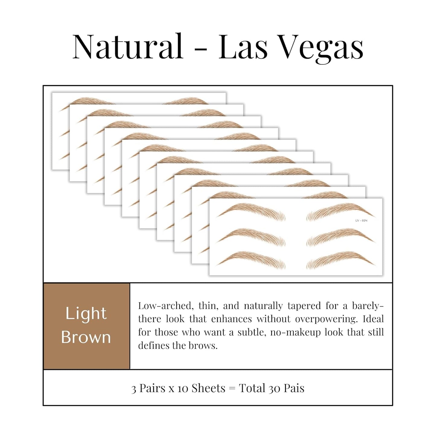 Bliss and Beyond USA Eyebrow Tattoo Stickers Waterproof – 30-Pair Deluxe Box | Realistic Hair-Like Temporary Brows for Alopecia, Cancer, and Hair Loss (Light Brown, Natural Las Vegas)