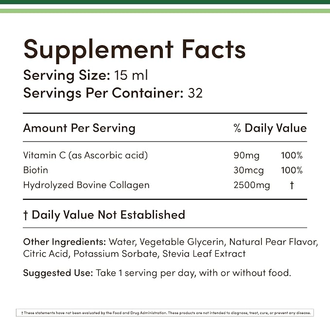 Double Wood Supplements Liquid Collagen - 2500mg of Hydrolyzed Bovine Collagen (Type 1, 3 and Grassfed) - 32 Servings - for Women and Men - 30 mcg of Biotin - Sugar Free Pear Flavor