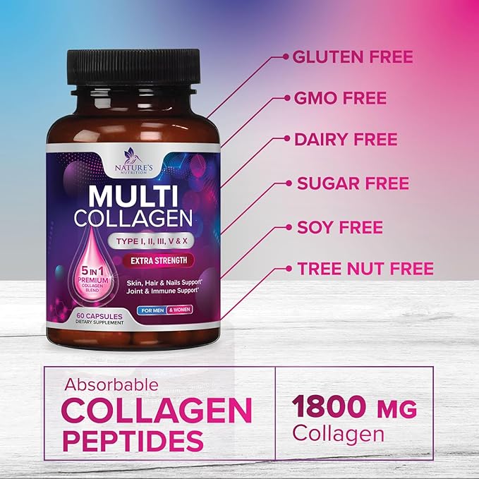 Collagen Peptides for Women & Men - Type I, II, III, V, X Multi Collagen Pills, Hydrolyzed Collagen Peptides Supplements, Nature's Hair, Skin, Nail, and Joint Support Supplement, Non-GMO, 60 Capsules