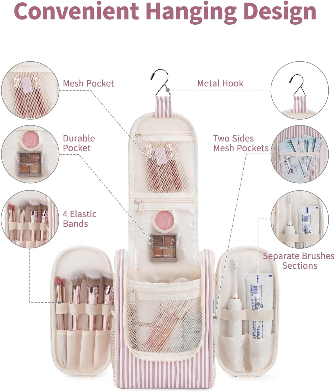Narwey Small Striped Hanging Travel Toiletry Bag for Women, Travel Bag for Toiletries, Makeup Bag Organizer Cosmetic Bags Make Up Bags for Women (Dusty Rose Stripe)