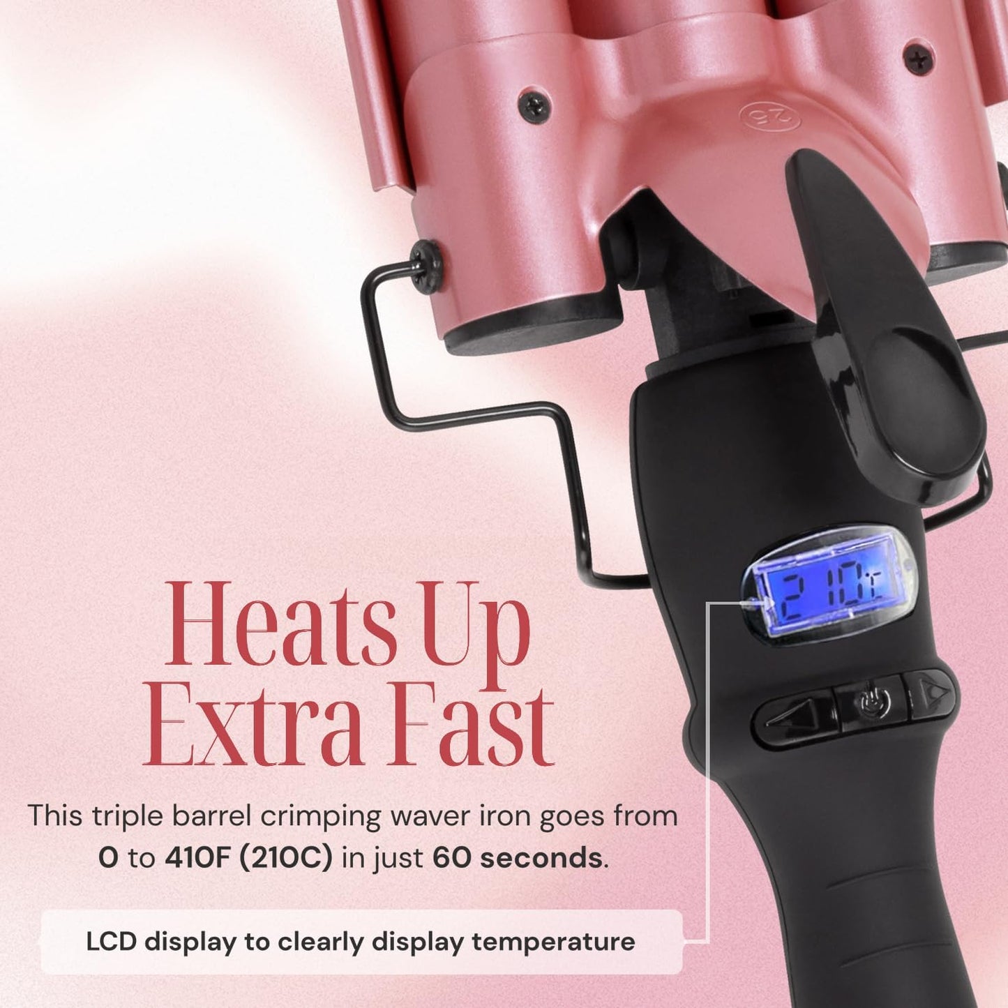 Alure Three Barrel Curling Iron Wand Hair Waver with LCD Temperature Display - 1 Inch Ceramic Tourmaline Triple Barrels, Dual Voltage Crimp (Rose Gold)