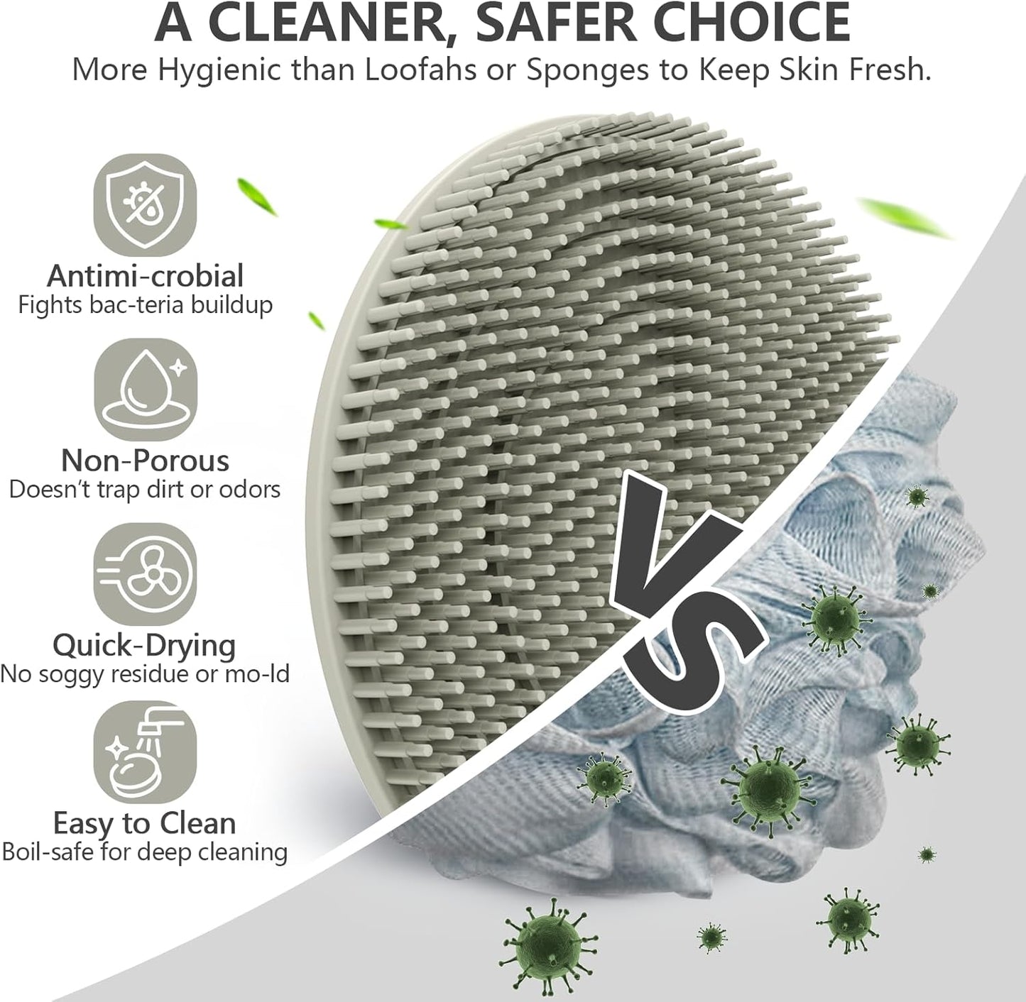 Silicone Body Scrubber with Scrub Net Set, BEAUTAIL 2 Pack for Rich Lather, Deep Cleansing, and Exfoliation – Durable, Easy to Clean, Gentle or Firmer Options – 1 Shower Brush Gray, 1 Scrub Net Gray