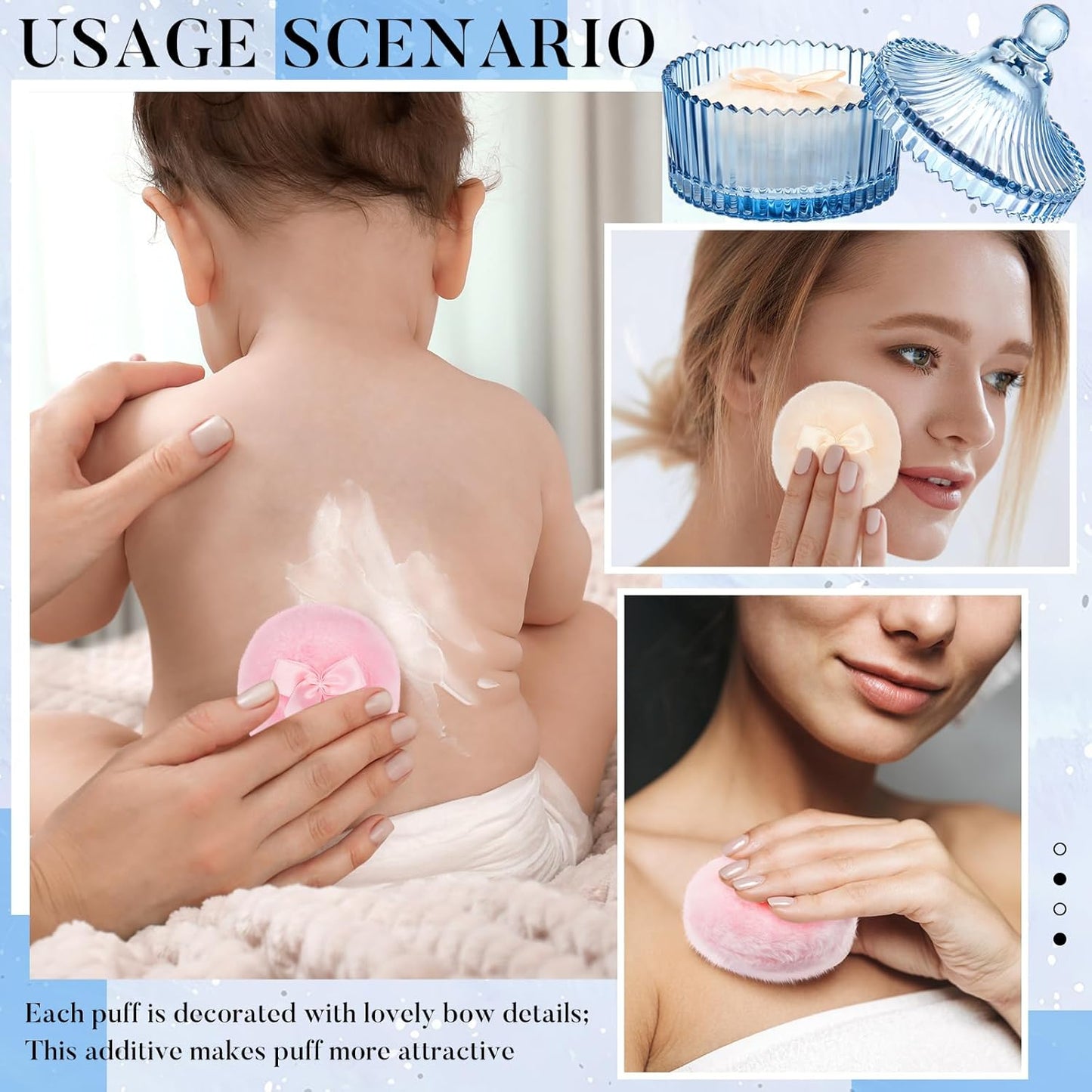 Tioncy 3 Pcs Large Body Powder Puff and Container Crystal Container Soft Washable Reusable Velour Face Body Glitter Powder Puff Wet Dry Makeup Simple Style (Blue)