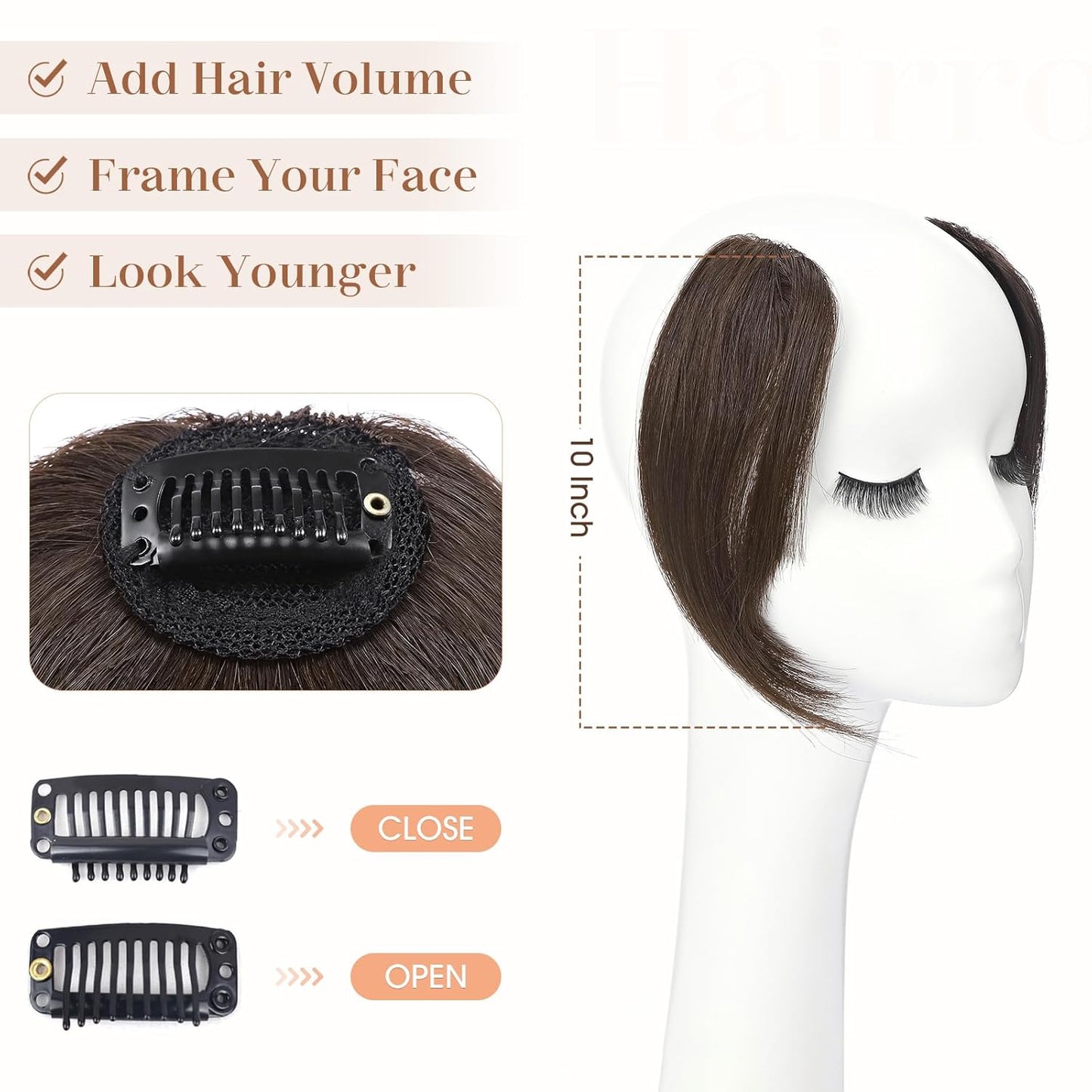 Hairro Clip in Wave Side Bangs Extensions, 100% Human Hair 2 PCS Clip on Middle Part French Bangs Thin Sides Swept Fringe Hairpieces