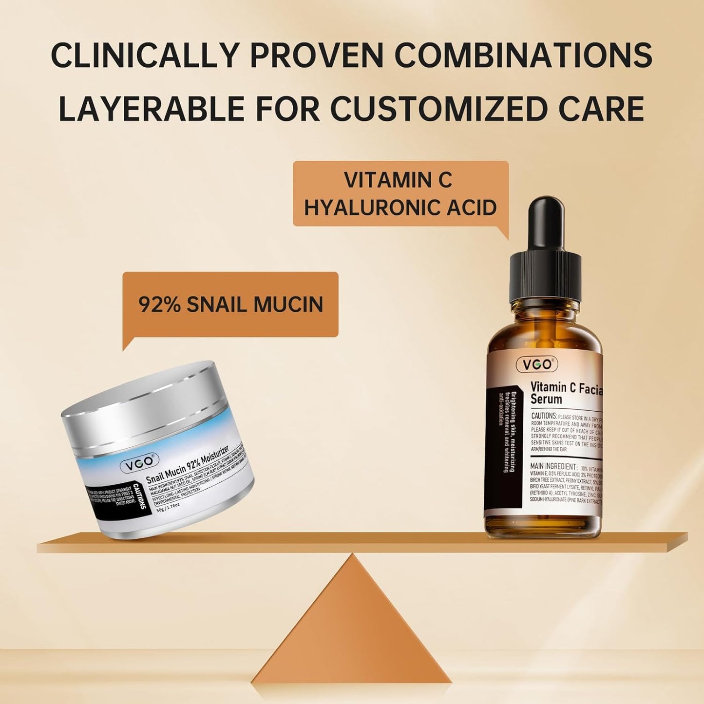 VGO Skin Care Set, with Snail Mucin 92% Moisturizer 1.76 Oz & Vitamin C Face Serum 1.01 Oz, Daily Hydrating & Firming Skincare Routine Kit for All Skin Type