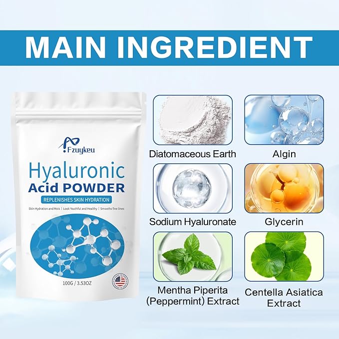 New Hyaluronic Acid Powder - Hyaluronic Acid Serum Low Molecular Weight, Vegan & Water-Soluble Pure Moisturizing for DIY Face (100g)