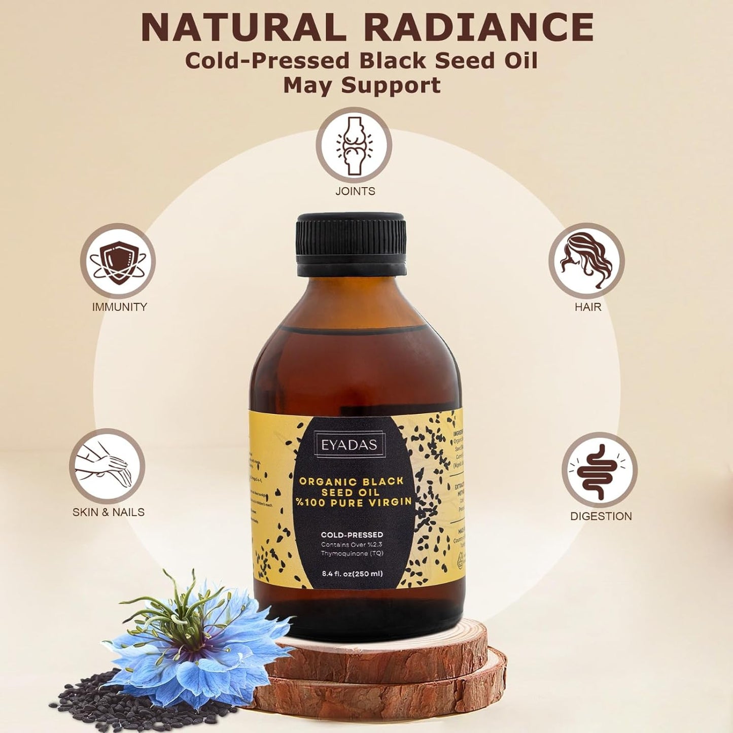 Organic Black Seed Oil 8.4 Fl Oz – 100% Turkish Cold-Pressed Nigella Sativa with 3X Thymoquinone – Pure Cumin Extract in Amber Glass Bottle for Immune, Hair, Skin & Overall Wellness