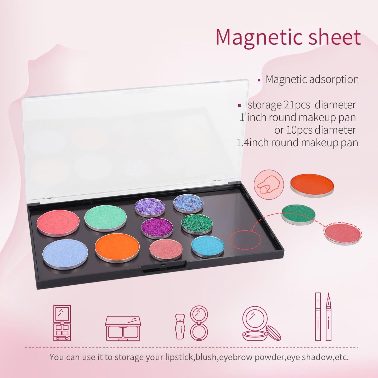 Magnetic Makeup Palette with Clear Top, 3Pack Empty Eyeshadow Pan Dispensing Storage Box with 60Pcs Adhesive Metal Stickers for DIY Cosmetics Lipstick Blush Powder-7.71”X4.33”Palette