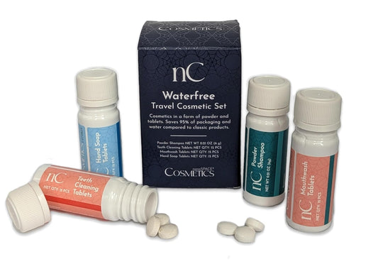 nanoSPACE Waterless Travel Toiletry Set, Clean Ingredients TSA Compliant, Includes Powder Shampoo, Toothpaste Tablets, Mouthwash Tablets, Soap Tablets