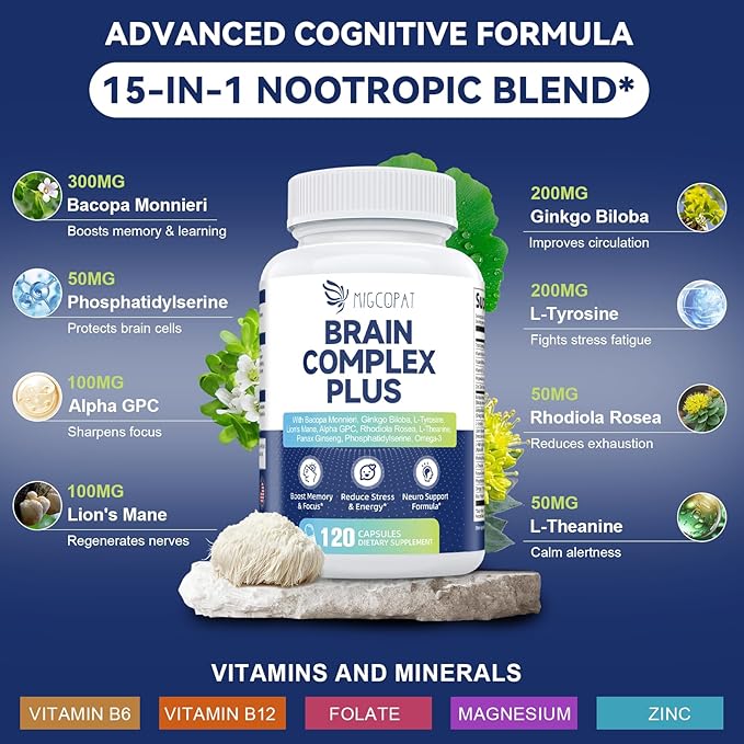 Hair Skin and Nails Vitamins & Brain Supplements for Memory & Focus