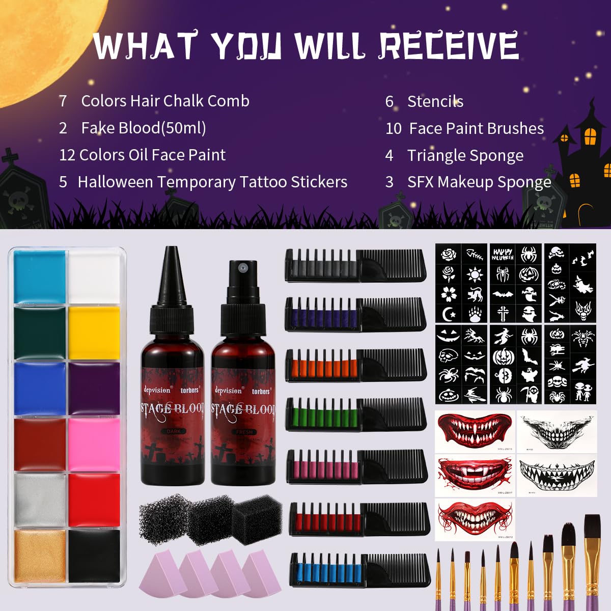 Depvision SFX Makeup Kit Halloween Makeup Set Professional Face Body Paint Special Effects Makeup Set with Fake Blood Temporary Tattoo Hair Chalk Oil Body Paint Sponges Brushes for Halloween Party