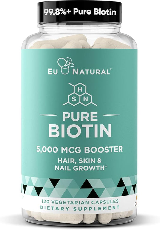 Biotin 5000 mcg Hair Skin Nails Supplement – High-Potency Hair Growth Vitamins for Women & Men – Provide Powerful Support for Healthy Hair, Stronger Nails and Glowing Skin – 120 Vegan Soft Capsules