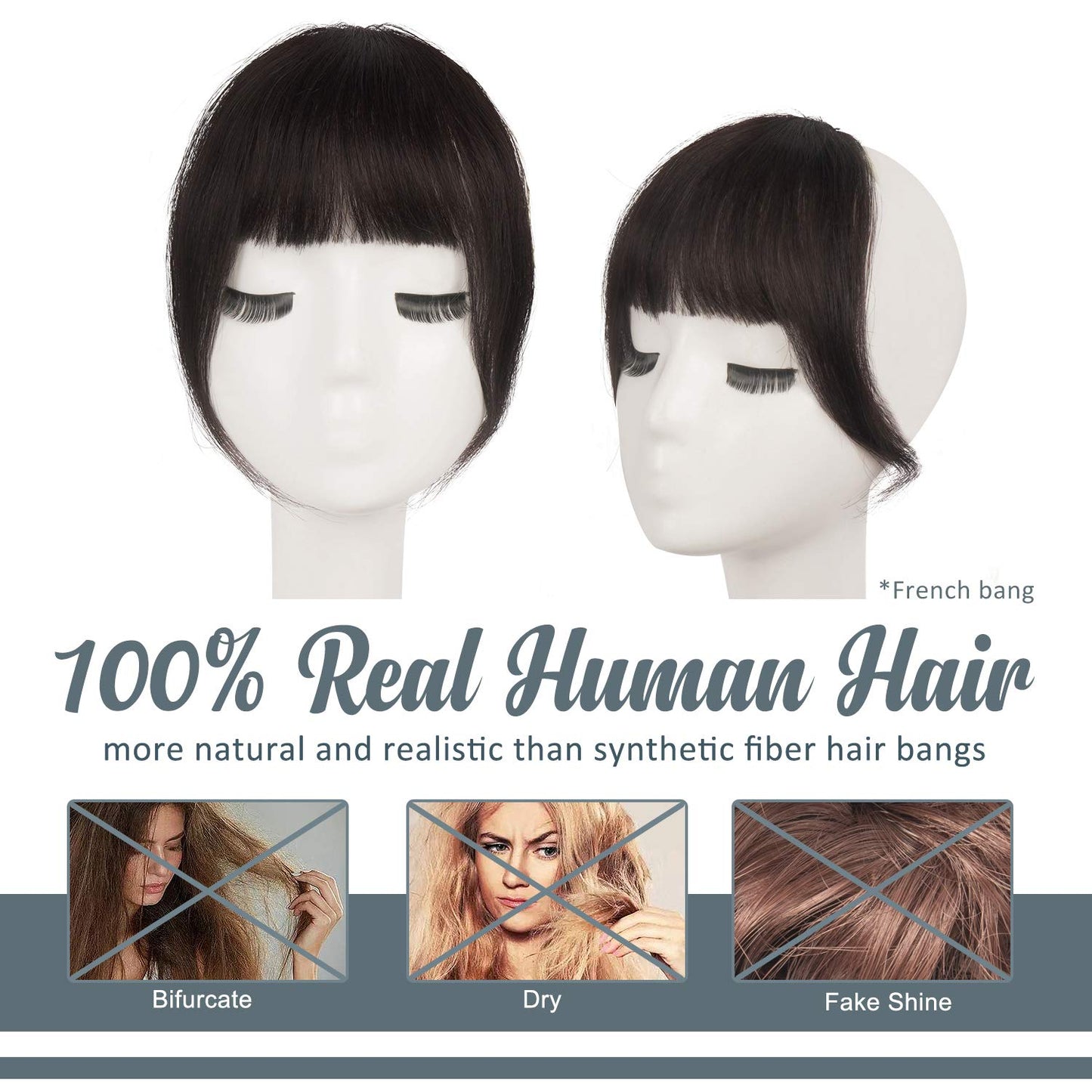 BARSDAR Clip in Human Hair Bangs - 100% Real Human Hair Clip in Bangs for Women - Dark Brown French Bangs Fringe with Temples Real Hair Bangs Extensions Hairpieces - Dark Brown