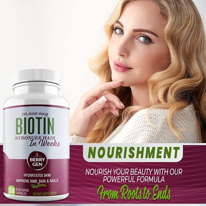 Berry Gen Biotin Supplement 10000 mcg Vegetarian Capsules - Support Hair Health & Growth, Help Heal Skin & Reduce Wrinkles and Moisturize Skin, Hair, and Nails - 30 Count (3)