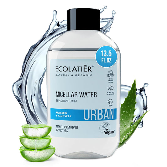 Micellar Water for Sensitive Skin with Organic Aloe Vera - 99.1% Natural Ingredients, Vegan, Hydrating Facial Cleanser & Micellar water Makeup Remover - 13.5 Fl Oz - ECOLATIER