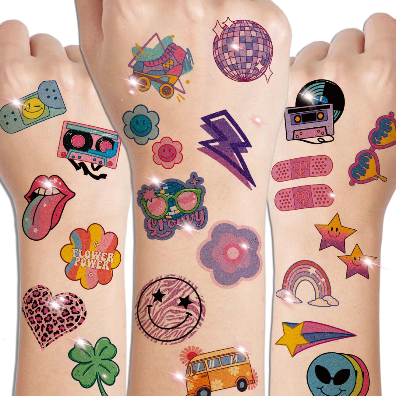 Glitter Groovy 70s Temporary Tattoos for Kids - 74 Individually Sheets Glitter Retro Flower Power, Smiley Decorations Tattoos Stickers for Boys Girls Party Supplies