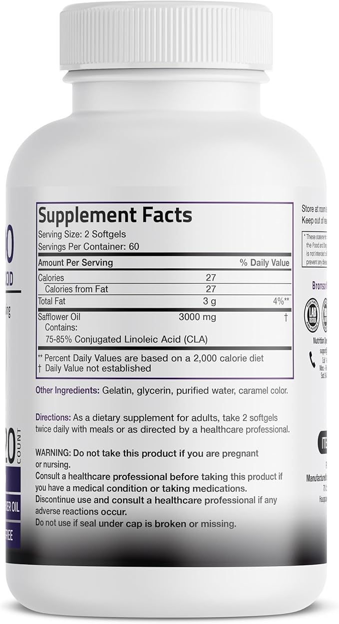 Bronson CLA 3000 Extra High Potency Supports Healthy Weight Management Lean Muscle Mass Non-Stimulating Conjugated Linoleic Acid 120 Softgels
