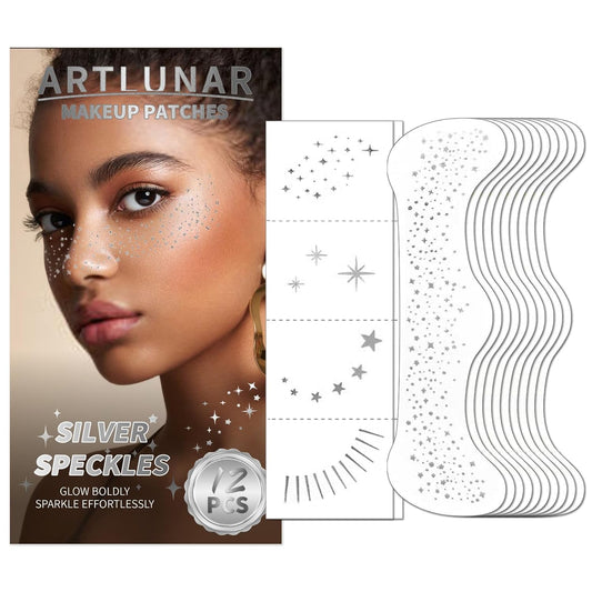 Artlunar 12Pcs Christmas Silver Sparkle Makeup Patches - Body Glitter Stickers for Face and Body, Perfect for Festivals and Parties (Silver),Christmas Makeup Gifts for Women and Girl.