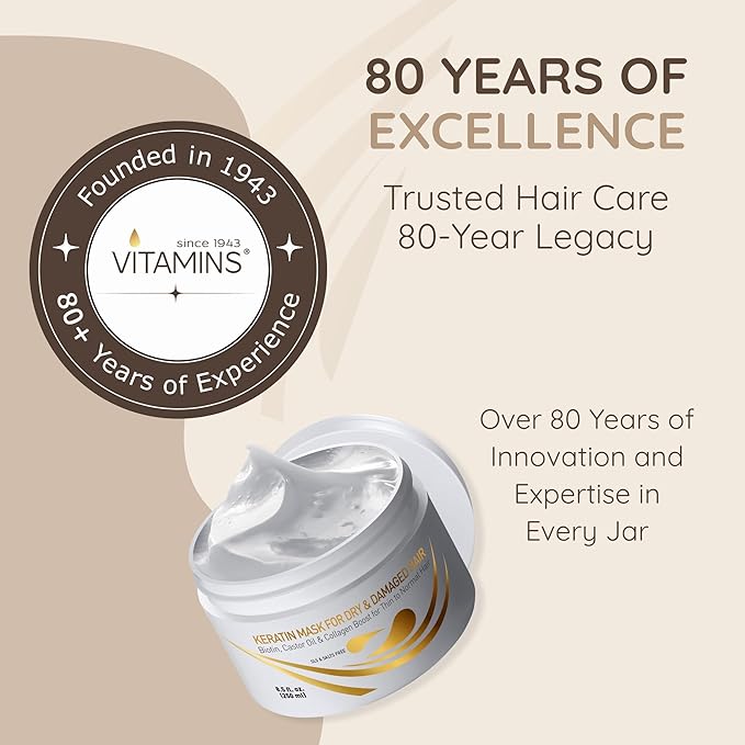 VITAMINS hair cosmetics Keratin Hair Mask Deep Conditioner - Biotin Collagen Protein & Castor Oil Repair for Dry Damaged Hair - Conditioning Treatment for Curly or Straight Thin Fine Locks