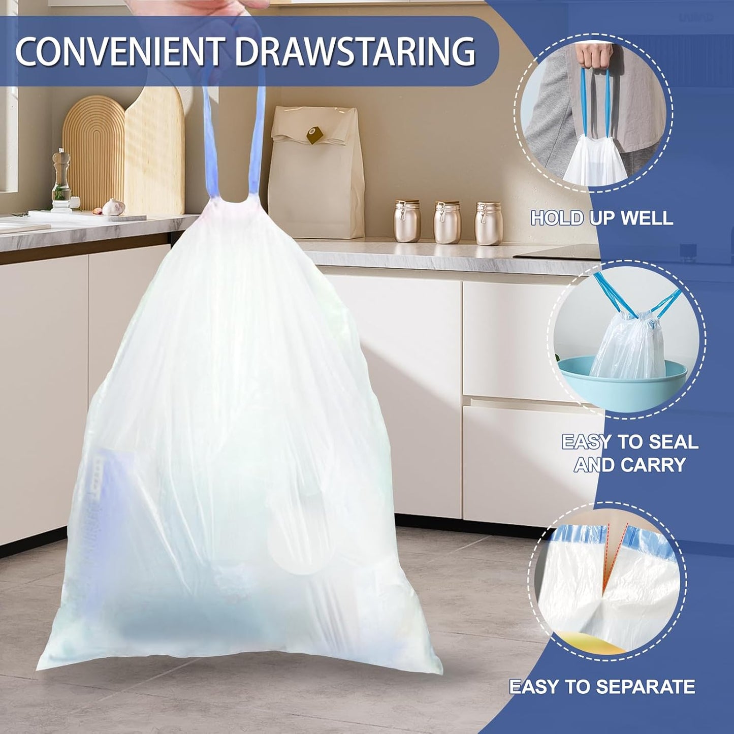 240 Count 2 Gallon Trash Bags Drawstring - Thick Small Garbage Bags Unscented,0.96 Mil White Mini Trash Can Liners,Strong Waste Basket Bags 7.5 Liter for Home Bathroom Office Car