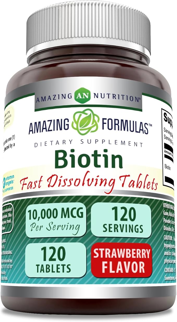 Amazing Formulas Biotin Fast Dissolve 10000 mcg Tablets Supplement | Strawberry Flavor | Vitamin B7 | Non-GMO | Gluten Free | Made in USA (120 Count)
