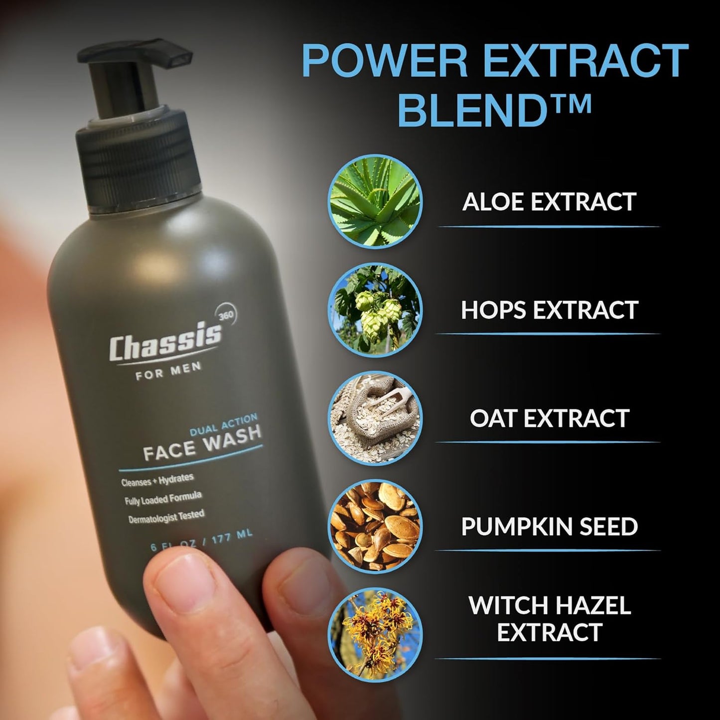 Chassis 360 Dual Action Face Wash - Hydrating & Oil Control Men's Face Wash with Niacinamide, Vitamin C & Hyaluronic Acid - Free From Phthalates, Parabens & Sulfates - Unscented Cleanser - 6 Fl Oz