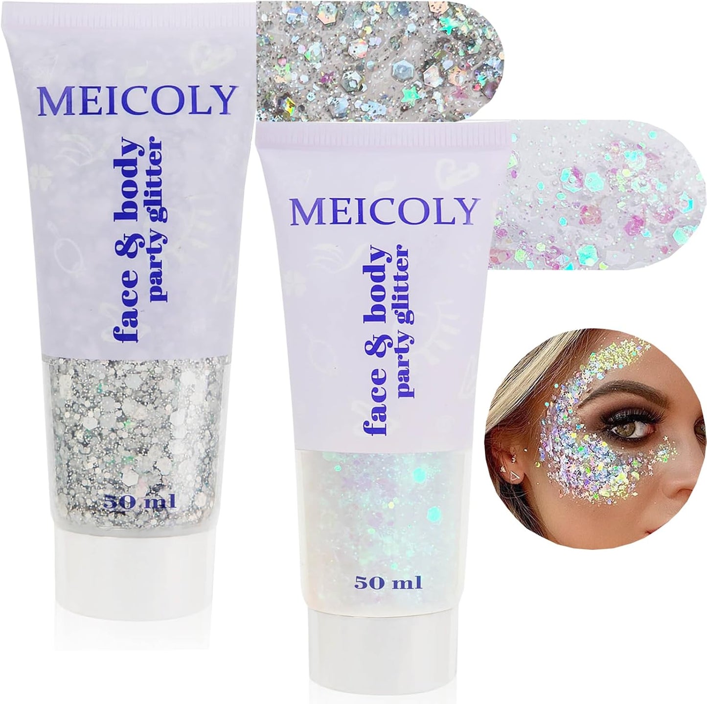 MEICOLY Clear White and Silver Body Glitter Set, Mermaid Face Glitter Gel, Singer Concerts Festival Rave Accessories, Chunky Sequins Glitter Paint for Women and Kids, Sparkling Makeup
