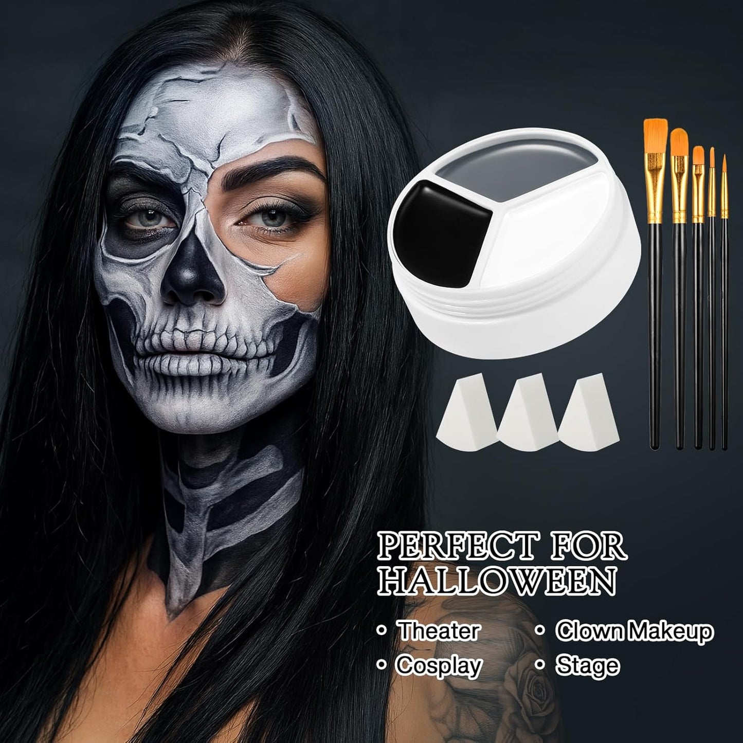 Black White Grey Face Body Paint, Halloween Ghost Skeleton Makeup Kit (3 Sponges + 5 Brushes), 9 Pcs Oil Based Full Coverage Smooth Face Painting Kit for Halloween SFX Clown Costume, Skull, Cosplay