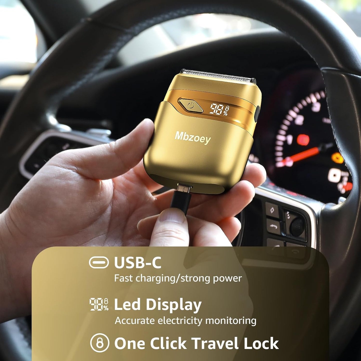 Electric Foil Shavers for Men, Mini Electric Razor, Compact Face Shaver, IPX7 Waterproof Wet Dry Cordless Razor, LED Display, USB-C, Travel-Friendly, Light Gold