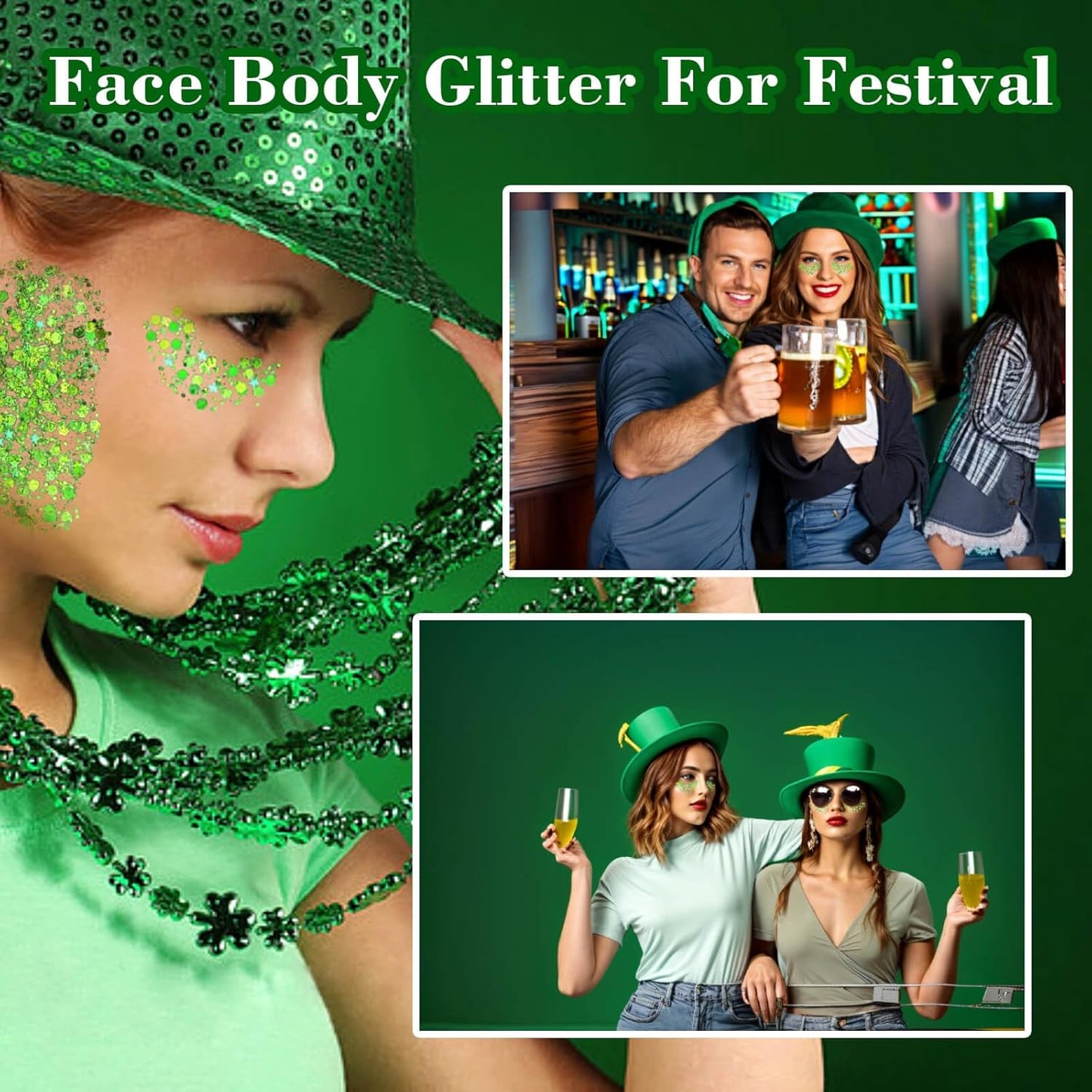 MEICOLY St Patricks Day Accessories,St Patricks Day Outfits for Women,Lime Green Face Glitter,Light Green Body Glitter,Glitter Face Paint for Party Festival,Chunky Glitter Makeup for Face/Body/Hair