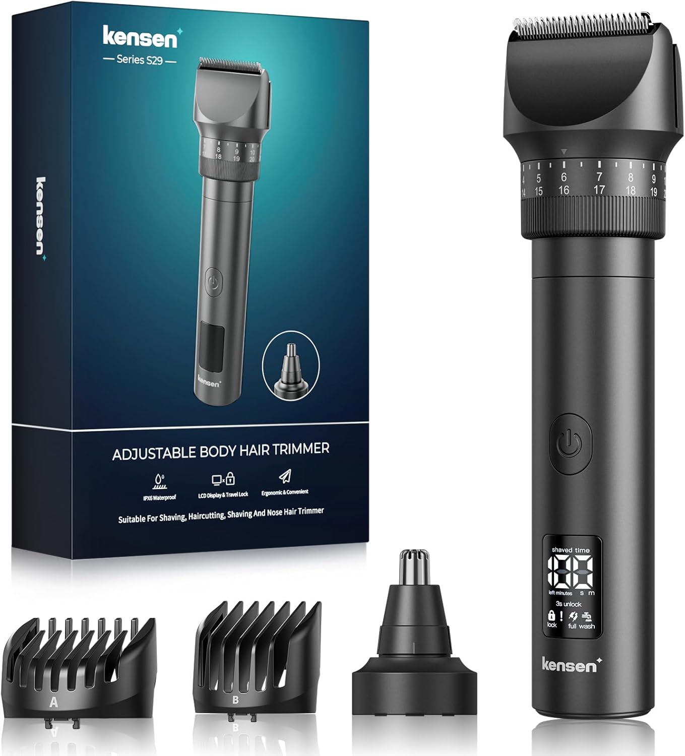 Beard Trimmer for Men - 42 Adjustable Length Settings Hair Clippers, Professional Body Hair Trimmer for Men Precision Facial Hair Trimming IPX6 Waterproof Nose Trimmers LED Display Mustache Trimmers