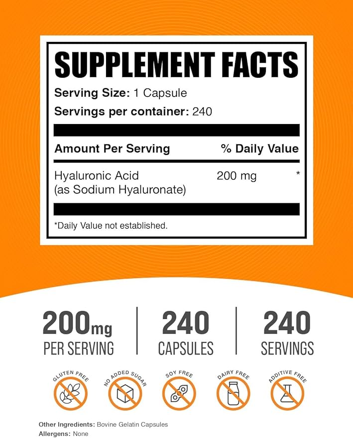BulkSupplements.com Hyaluronic Acid Capsules - Hyaluronic Acid Supplements, Hyaluronic Acid 200mg - Pure & Gluten Free, 1 Capsule per Serving, 240 Count (Pack of 1)