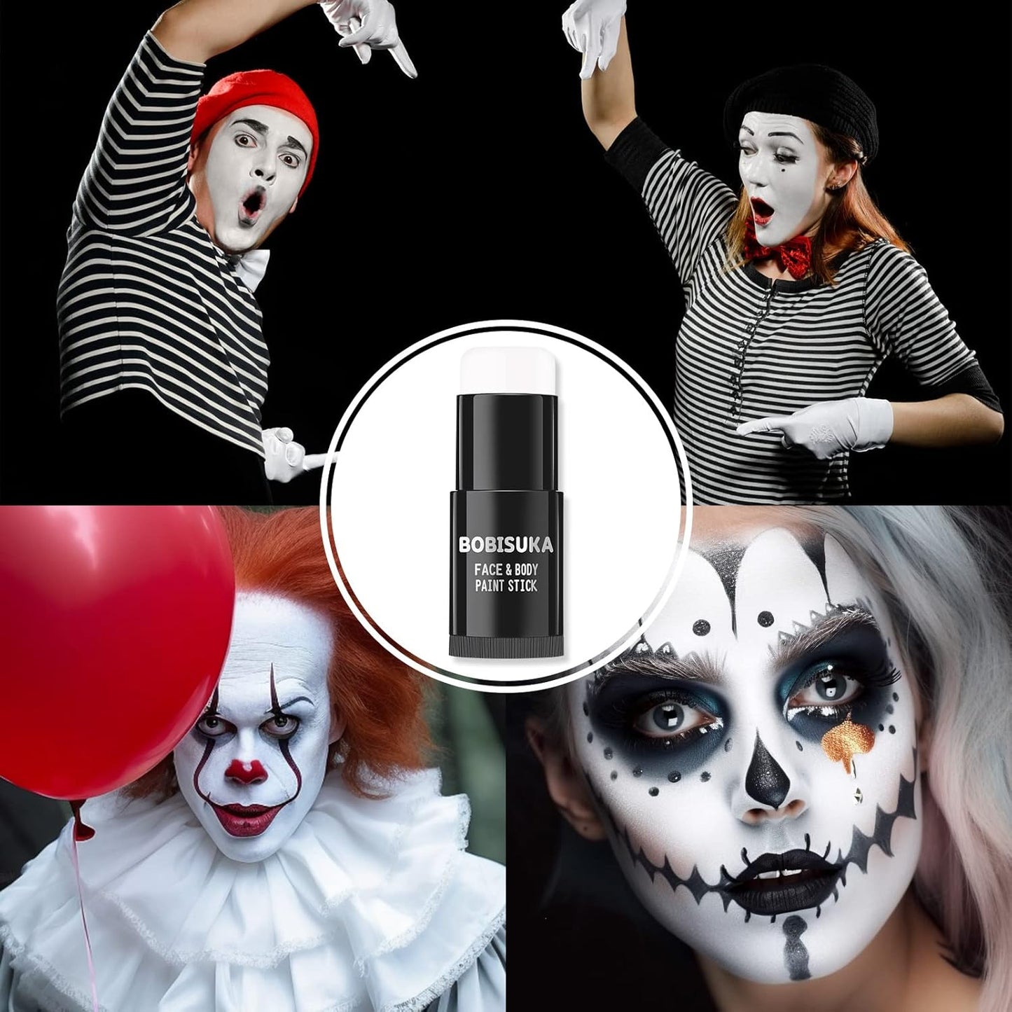 BOBISUKA White Face Paint Stick + Setting Powder+ 2 Paintbrushes Set, Clown Makeup Body Paint Eye Black Sticks for Sports, White Painting Kit for Halloween Skeleton Skull Special Effects SFX