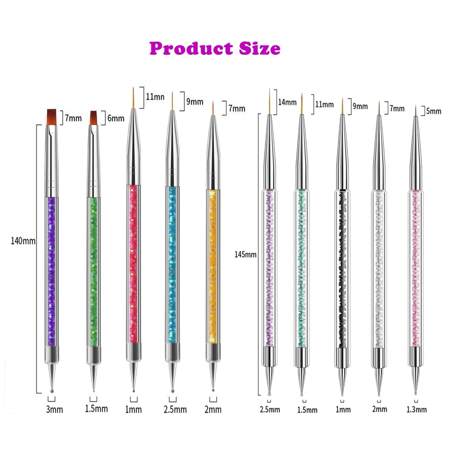 10pcs Nail Art Brushes - Double Ended Liner & Dotting Tools Set, Shiny Handles, Easy To Use Drill Point Drawing Tools for Beginner DIY Design