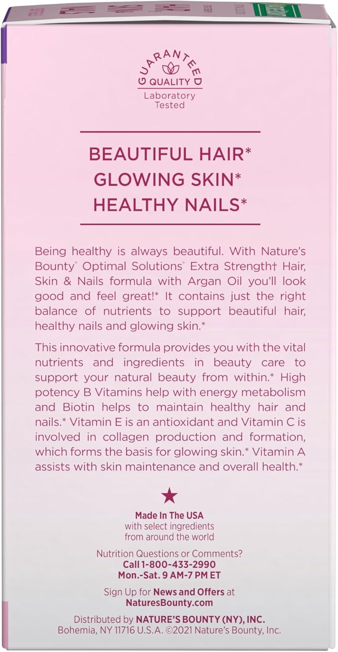 Nature's Bounty Advanced Hair, Skin & Nails, Argan-Infused Vitamin Supplement with Biotin and Hyaluronic Acid, 150 Rapid Release Softgels, 50 Total Servings
