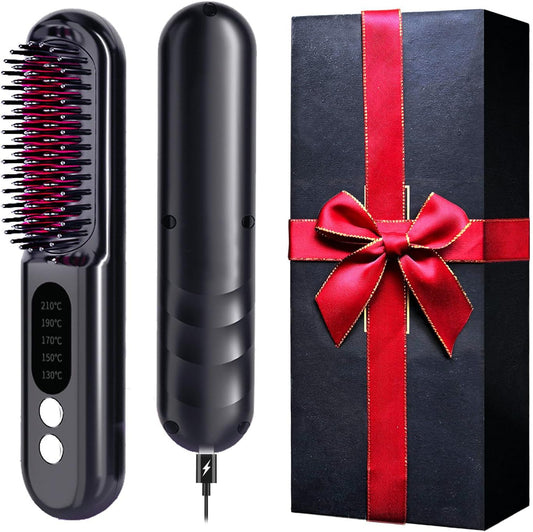 Mindrain Mini Cordless Hair Straightener Brush Pro A+, Portable Straightening Brush for Travel, Ionic Hot Comb Straightener, USB Rechargeable, It can be Used While Charging, Gifts for Women. (Black)