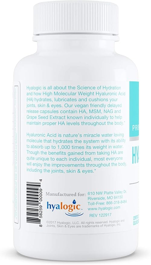 Hyalogic Hyaluronic Acid Delayed Release Capsules | Combo Formula w/Glucosamine MSM | Support Healthy Joints, Eyes and Skin and Overall Body | Promote Healthy Skin | 120 mg | Non-GMO (30 Count)