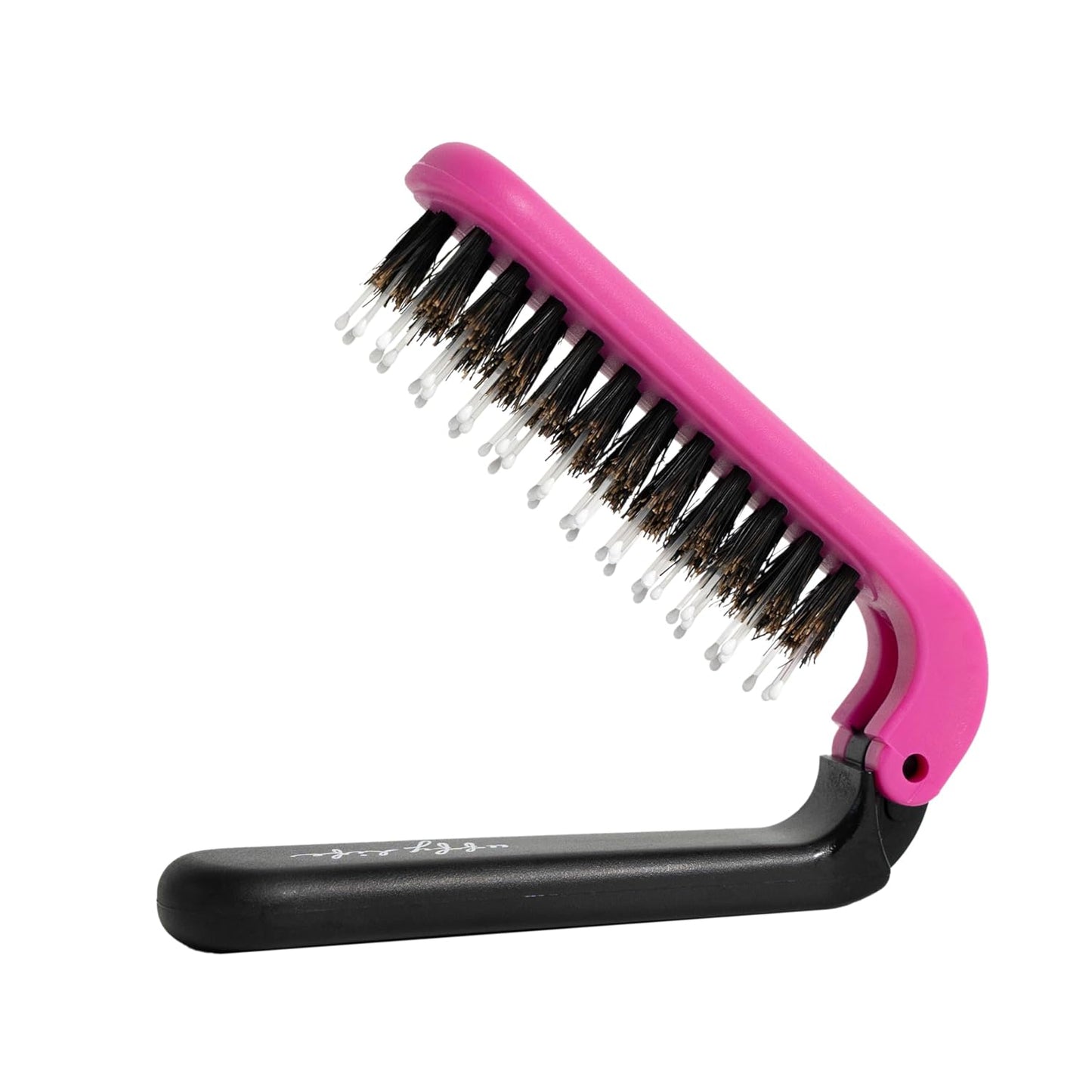 Uffy MiniPop Travel Hair Brush – Mini Folding Boar Bristles for Women, Men & Kids | Kid-Friendly Compact Comb for Wet & Dry Hair, Curly or Straight | Pocket-Size Detangler - Hot Pink on Black