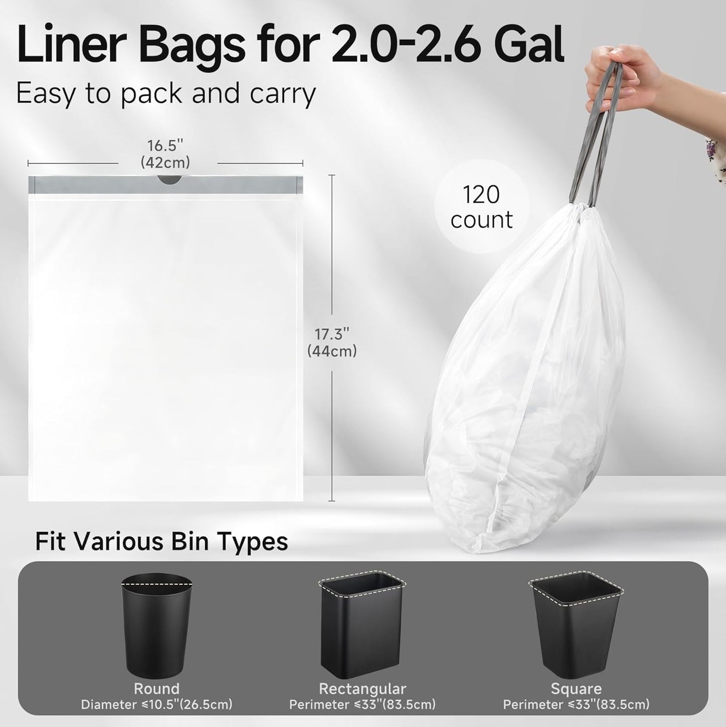 TIPGO Small Trash Bags Drawstring 2 Gallon, Pre-Cut Mini Garbage Bags for 2.0-2.6 Gallon Trash Bins, 120 Count (Code B)