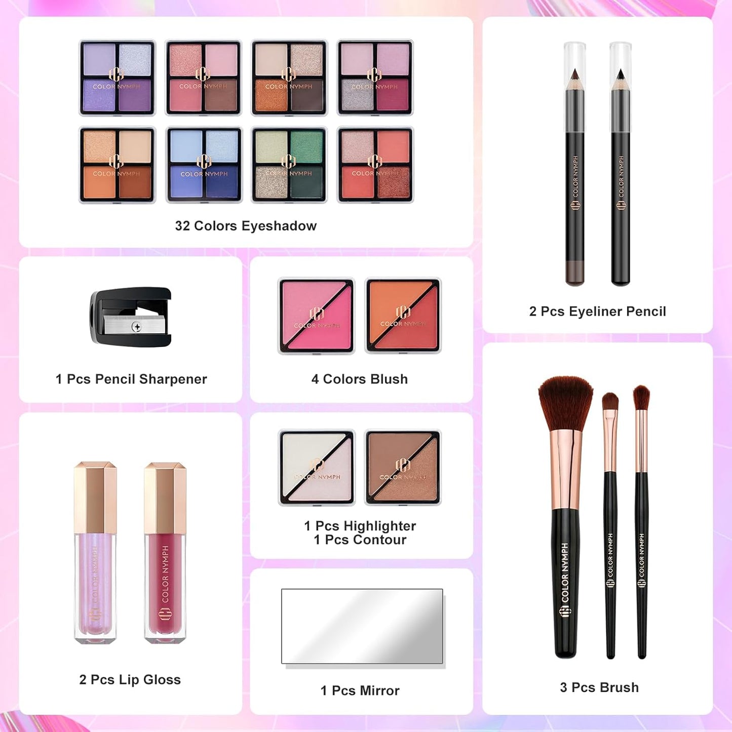 Color Nymph Makeup Kit for Teen Girls, All-in-One Beginner Makeup Set with Eyeshadow, Blush, Highlighter, Bronzer, Contour, Lipsticks, Eyeliner, Brushes & Mirror in Train Case (Starry Black)