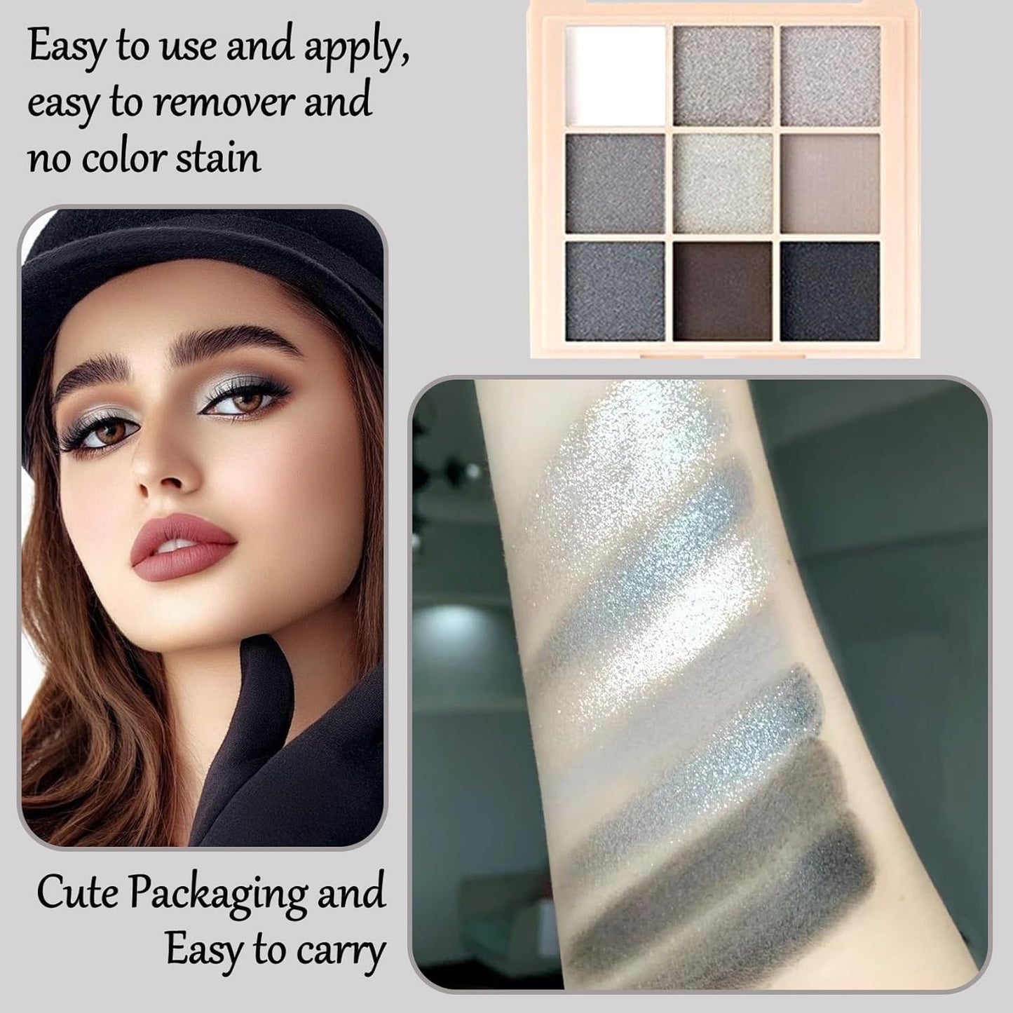 Black Grey Smoky Eyeshadow Palette,15 Colors Matte Shimmer Pigmented Eye Shadow Makeup Palette Set with 3 Eyeshadow Brushes,Glitter Eyeshadow Makeup Palette for Daily Halloween Goth Makeup(F)